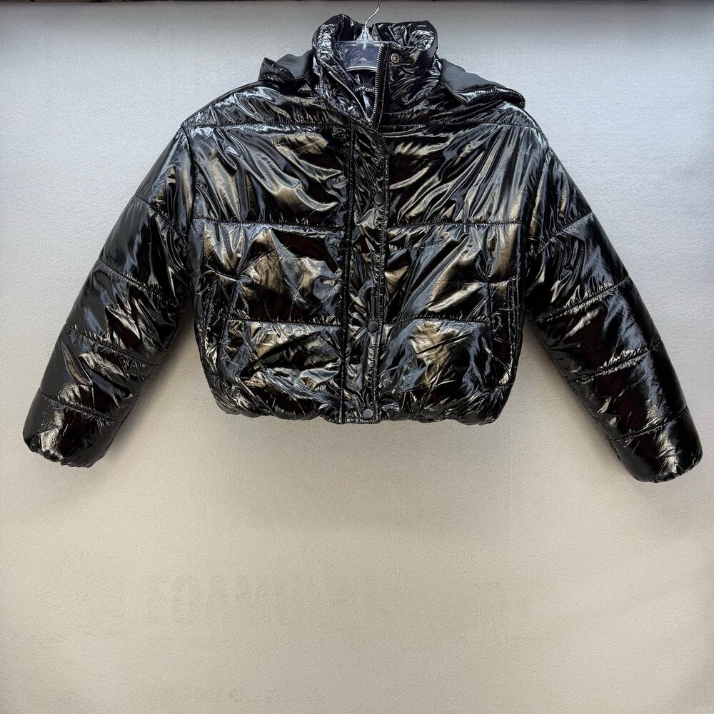Boohoo Puffer Coat Women's Size 6 Shiny Black Hooded Cropped Streetwear Gorpcore - Picture 1 of 12